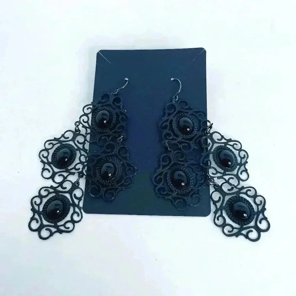 Black Gothic Drop Earrings Statement Dark Halloween Grunge Punk